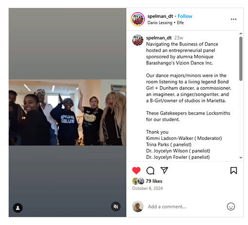 Navigating the Business of Dance hosted an entrepreneurial panel sponsored by alumna Monique Barashango's Vizion Dance Inc. Instagram post by Spelman College Department of Dance @spelman_dt Navigating the Business of Dance hosted an entrepreneurial panel sponsored by alumna Monique Barashango's Vizion Dance Inc. Instagram post by Spelman College Department of Dance @spelman_dt